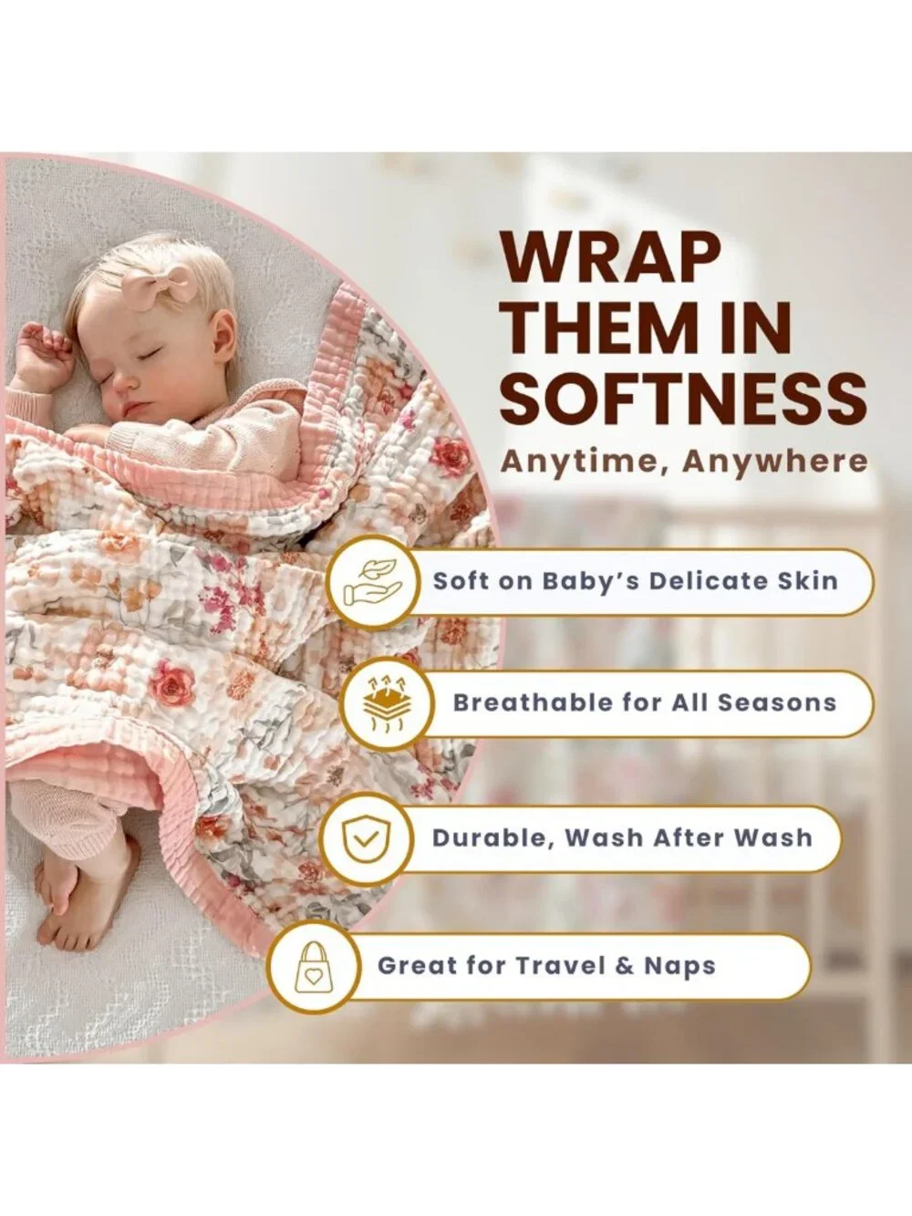 Soft Reversible Muslin Baby Blanket 48x48 - 100% Cotton, Lightweight Quilt for